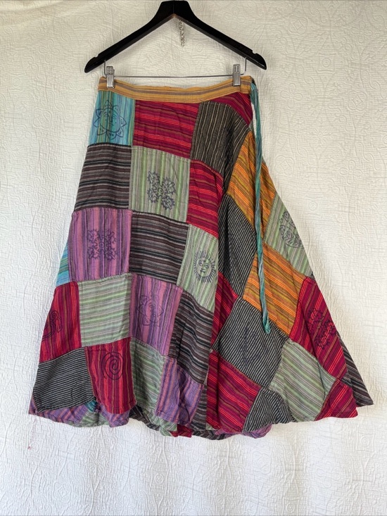 Patchwork Wrap Around Skirt Boho Hippie 100 Cotton Maxi Skirts One Size Nepal OS - Picture 16 of 16